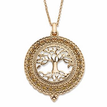 Tree of Life Antiqued Goldtone Magnifying Glass Pendant Necklace 24"