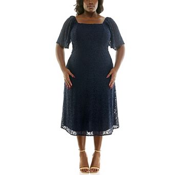 Plus Size Nina Leonard Flutter Sleeve Square Neck Dress