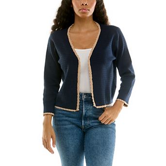 Plus Size Nina Leonard 3/4-Sleeve Button Front Pointelle Sweater