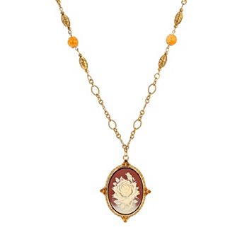 1928 Gold-Tone Crystal Bead & Rose Pendant Necklace