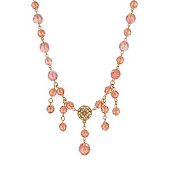 1928 Gold-Tone Peach Bead Bib Necklace