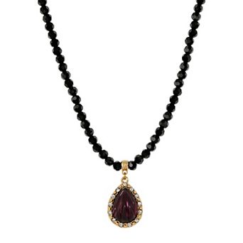 1928 Gold-Tone Black Bead Teardrop Pendant Necklace