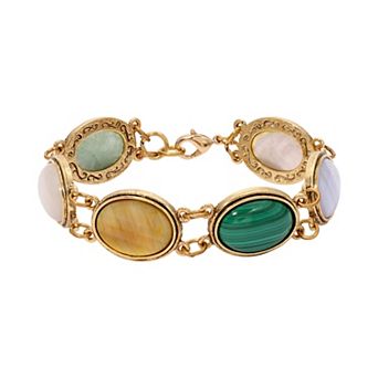 1928 Gold-Tone Multi-Gemstone Oval Semi-Precious Stone Clasp Bracelet