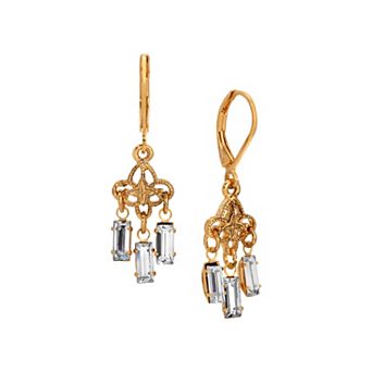 1928 Gold-Tone Crystal Filigree Drop Leverback Earrings