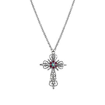 1928 Silver-Tone Cross Pendant Necklace