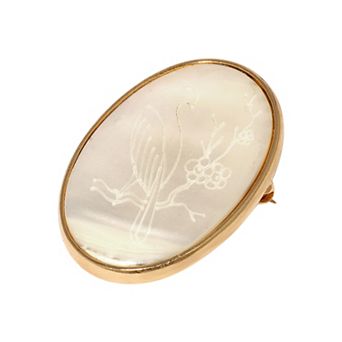 1928 Gold-Tone Flower & Bird Etched Oval Pin