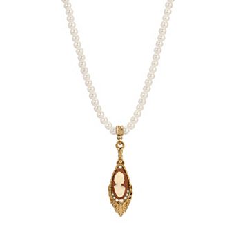 1928 Gold-Tone Simulated Pearl Cameo Pendant Necklace