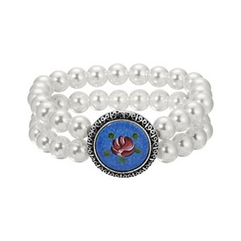 1928 Silver-Tone Simulated Pearl Flower Decal Double Strand Stretch Bracelet