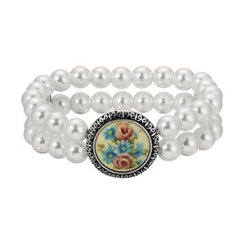 1928 Silver-Tone Simulated Pearl Flower Decal Bead Double Strand Stretch Bracelet