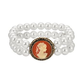 1928 Gold-Tone Simulated Pearl Carnelian Cameo Double Strand Stretch Bracelet