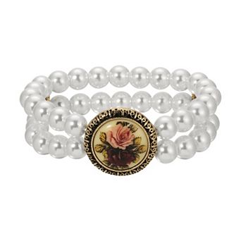 1928 Gold-Tone Simulated Pearl Flower Decal Double Strand Bead Stretch Bracelet