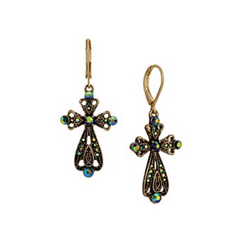 1928 Gold-Tone Crystal & Simulated Gemstone Filigree Cross Leverback Earrings