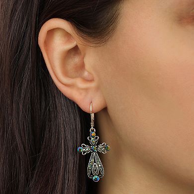 1928 Gold-Tone Crystal & Simulated Gemstone Filigree Cross Leverback Earrings