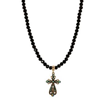 1928 Gold-Tone Crystal & Simulated Gemstone Filigree Cross Pendant Necklace