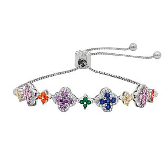 Brilliance Fine Silver Plated Multi Cubic Zirconia Clover Adjustable Bracelet