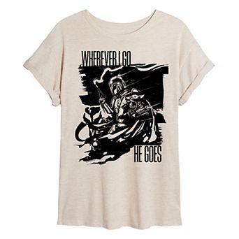 Juniors' Star Wars The Mandalorian & Grogu Wherever I Go, He Goes Oversized Tee