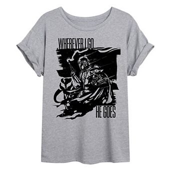 Juniors' Star Wars The Mandalorian & Grogu Wherever I Go, He Goes Oversized Tee