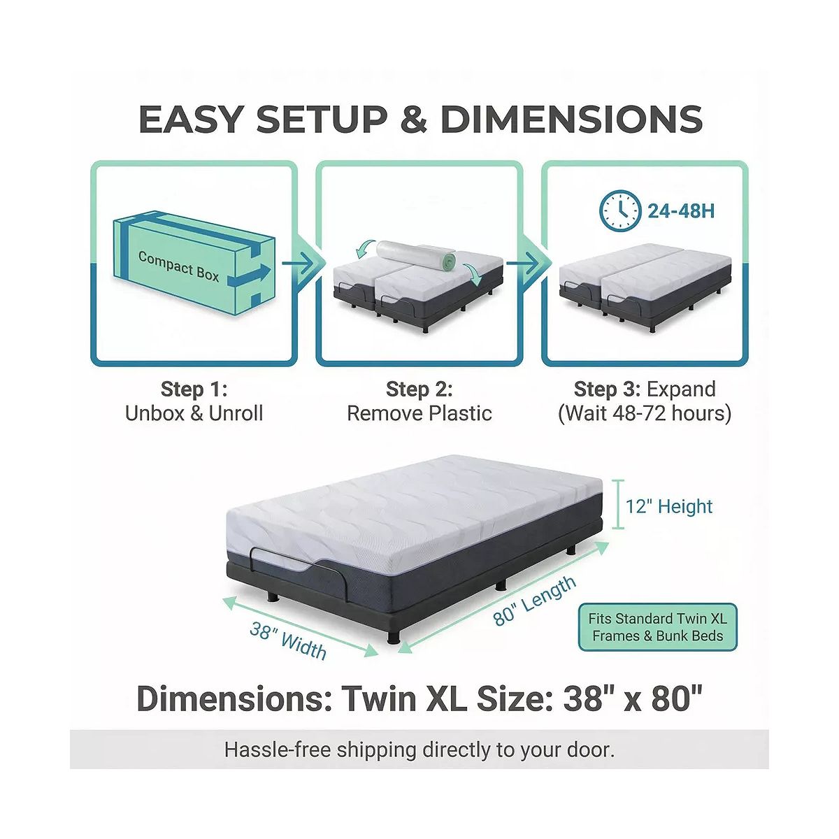 Easy setup and Twin XL mattress dimensions: 38 x 80 x 12 inches