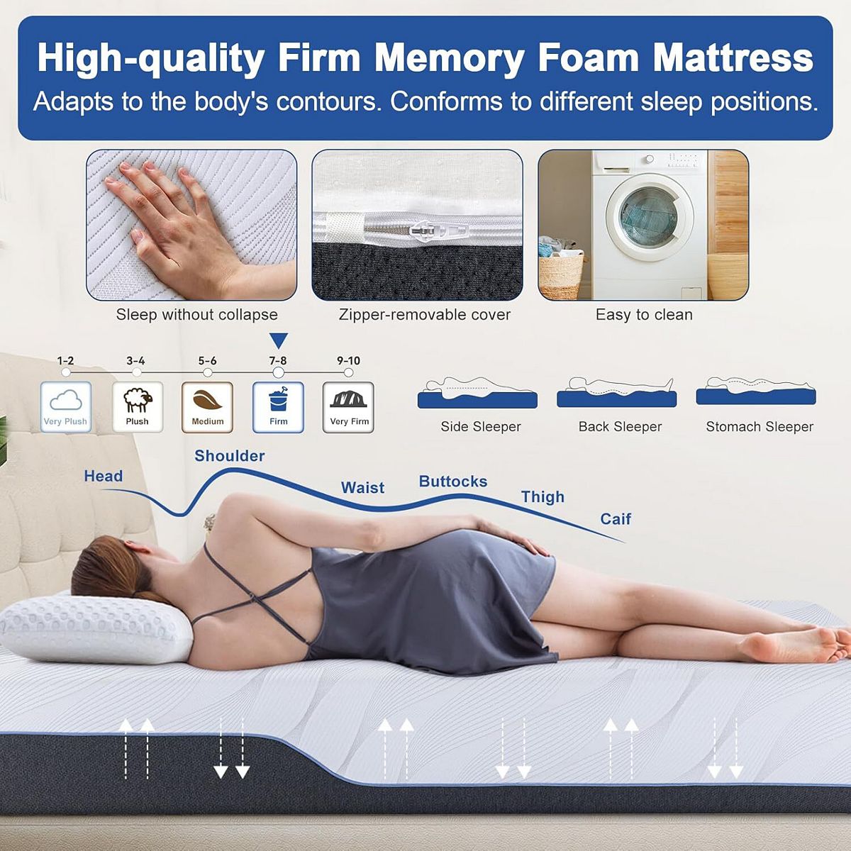 Firm memory foam mattress features including contouring and removable zipper cover