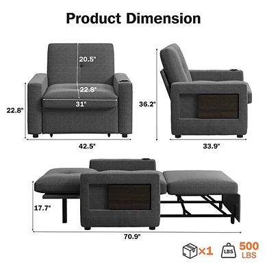 Opoiar 42.5" 3-in-1 Sleeper Chair Bed with Pull-Out, Adjustable Backrest, USB, Cup Holde