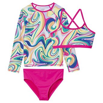 Girls 2-16 Lands' End Chlorine Resistant 3 pc Long Sleeve Rashguard Swimsuit Set