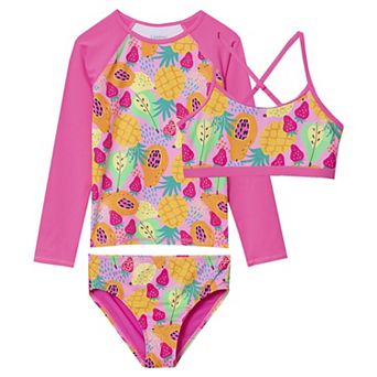 Girls 8-16 Lands' End Chlorine Resistant 3 pc Long Sleeve Rashguard, Bikin Swim Top, & Swim Bottoms Set in Plus Size