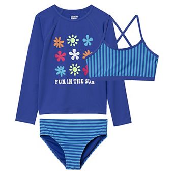 Girls 6-12 Lands' End 3 pc Chlorine Resistant Long Sleeve Rashguard, Swim Top, & Swim Bottoms Set in Slim