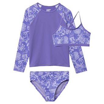 Girls 6-12 Lands' End 3 pc Chlorine Resistant Long Sleeve Rashguard, Swim Top, & Swim Bottoms Set in Slim