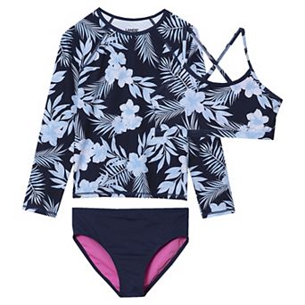 Girls 6-12 Lands' End 3 pc Chlorine Resistant Long Sleeve Rashguard, Swim Top, & Swim Bottoms Set in Slim