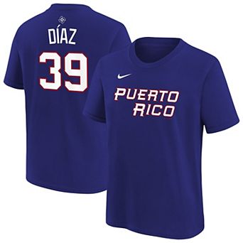 Youth Nike Edwin D�_az Blue Puerto Rico Baseball 2026 World Baseball Classic Name & Number T-Shirt