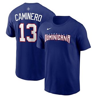 Men's Nike Junior Caminero Royal Dominican Republic Baseball 2026 World Baseball Classic Name & Number T-Shirt