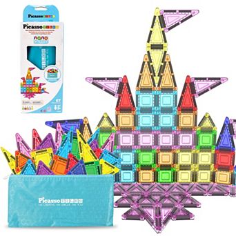 PicassoTiles 67 pc Nano Magnetic Tiles, Portable Building Blocks with Storage Bag, STEM Toy for Kids