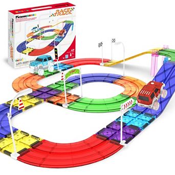 PicassoTiles 47 pc Magnetic Tiles Race Track Playset with Cars & Traffic Accessories Toy for Kids