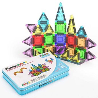 PicassoTiles Mini Magnetic Tiles STEM Nano Building Blocks for Kids with Storage Case, 40 pc
