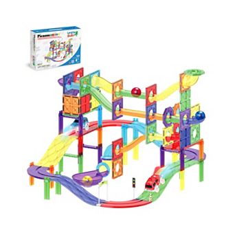 PicassoTiles 121 pc 3-in-1 Magnetic Tile, Marble Run, & Racetrack Playset with Traffic Sign Kit