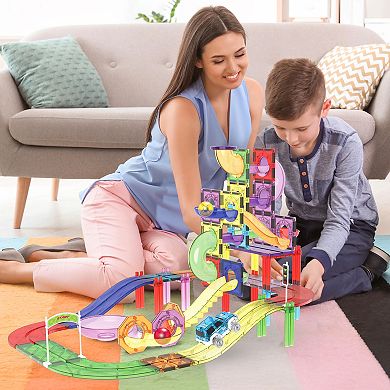 PicassoTiles 121pc 3-in-1 Magnetic Tile, Marble Run, & Racetrack Playset with Traffic Sign Kit
