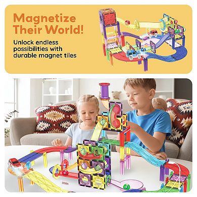 PicassoTiles 121pc 3-in-1 Magnetic Tile, Marble Run, & Racetrack Playset with Traffic Sign Kit
