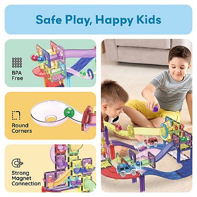 PicassoTiles 121pc 3-in-1 Magnetic Tile, Marble Run, & Racetrack Playset with Traffic Sign Kit