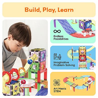 PicassoTiles 121pc 3-in-1 Magnetic Tile, Marble Run, & Racetrack Playset with Traffic Sign Kit