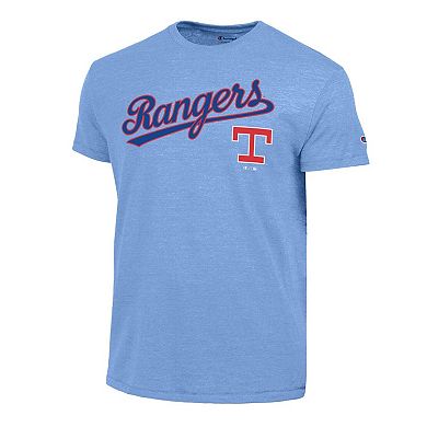 Men's Champion Light Blue Texas Rangers Cooperstown Wordmark Lockup Tri-Blend T-Shirt