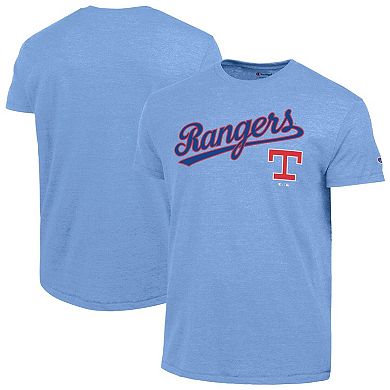 Men's Champion Light Blue Texas Rangers Cooperstown Wordmark Lockup Tri-Blend T-Shirt