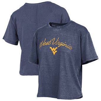 Women's Pressbox Navy West Virginia Mountaineers Vintage Waist Length Script Over Logo T-Shirt
