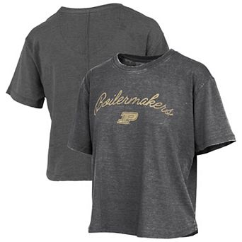 Women's Pressbox Black Purdue Boilermakers Vintage Waist Length Script Over Logo T-Shirt