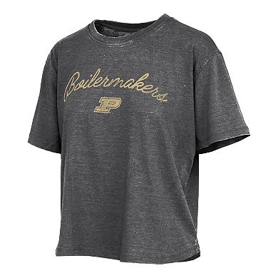 Women's Pressbox Black Purdue Boilermakers Vintage Waist Length Script Over Logo T-Shirt