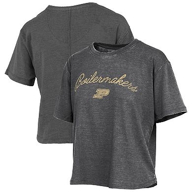 Women's Pressbox Black Purdue Boilermakers Vintage Waist Length Script Over Logo T-Shirt