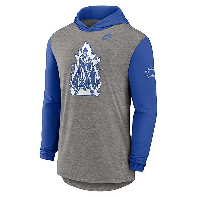 Men's Nike Heather Gray/Royal Duke Blue Devils Campus Legacy Tri-Blend Long Sleeve Hooded T-Shirt