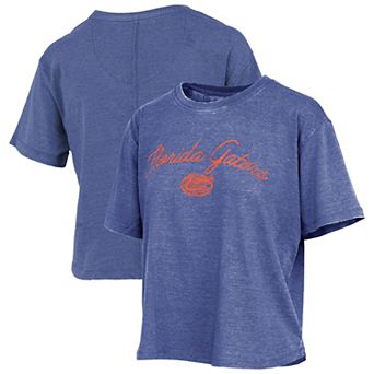 Women's Pressbox Royal Florida Gators Vintage Waist Length Script Over Logo T-Shirt