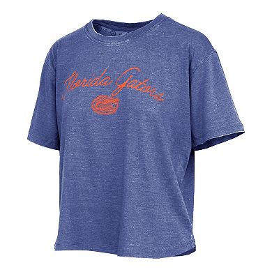 Women's Pressbox Royal Florida Gators Vintage Waist Length Script Over Logo T-Shirt