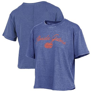 Women's Pressbox Royal Florida Gators Vintage Waist Length Script Over Logo T-Shirt