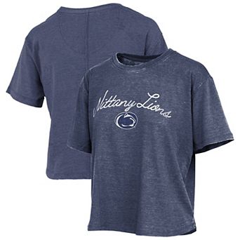 Women's Pressbox Navy Penn State Nittany Lions Vintage Waist Length Script Over Logo T-Shirt